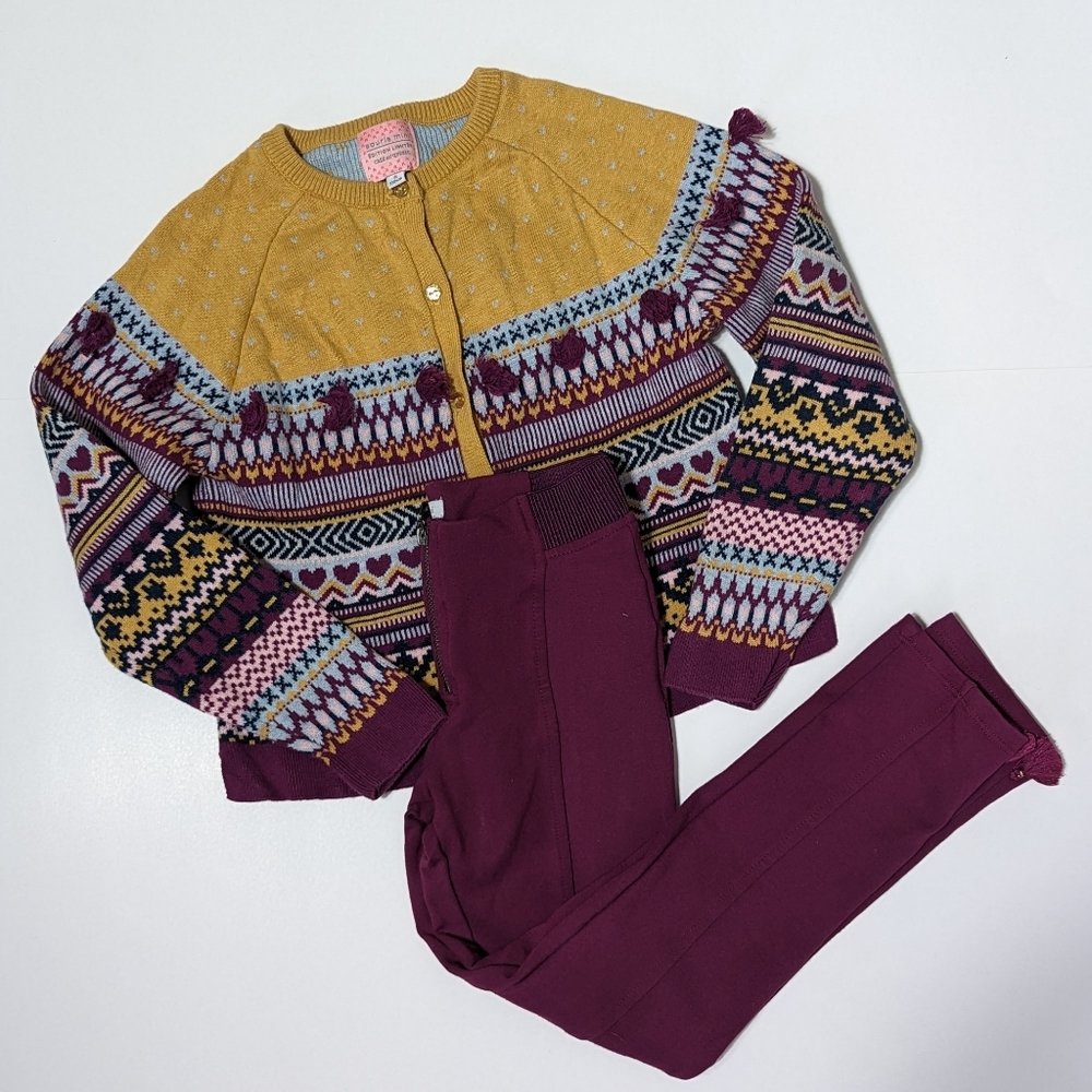 Souris Mini 2 Piece Girls Outfit, Size 5-6 Sweater/Pants, Fair Isle Pattern